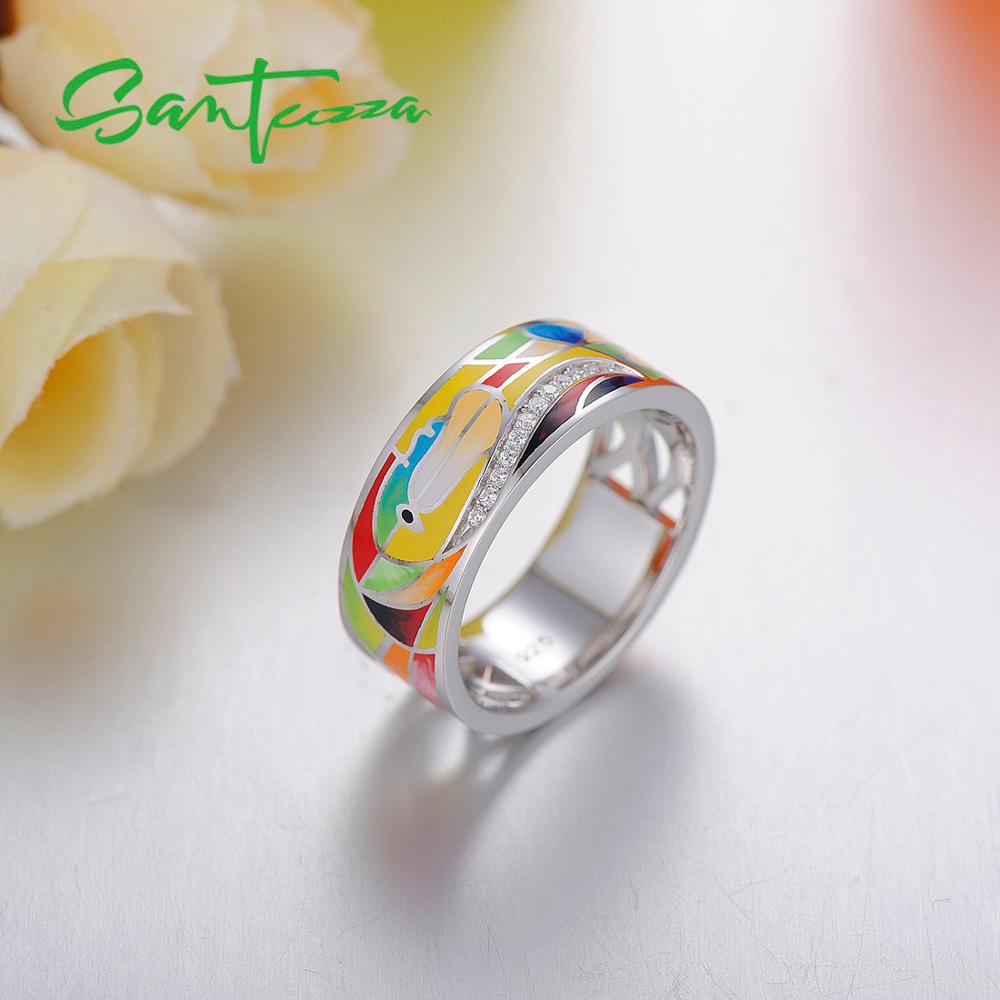 SANTUZZA Silver Ring For Women 925 Sterling Silver Chic Rings for Women Shiny White CZ Colorful Enamel Party Jewelry