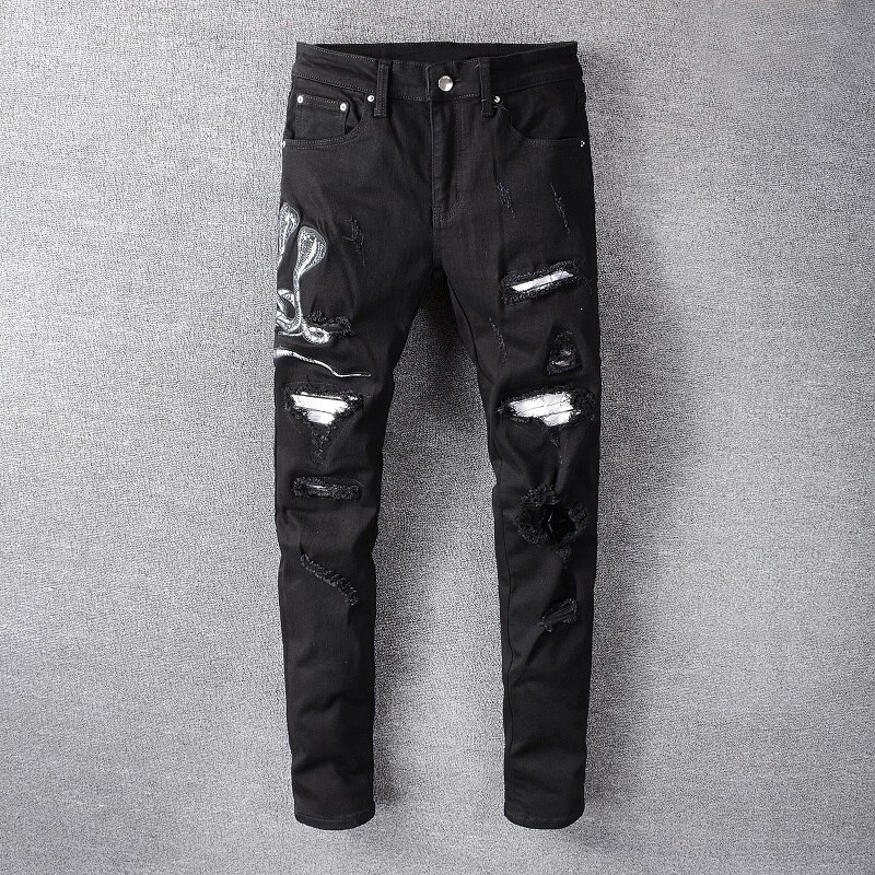 Streetwear Men Jeans Elastic Ripped Jeans Men Stretch Punk Pants Cobra Patches Hip Hop Jeans Homme