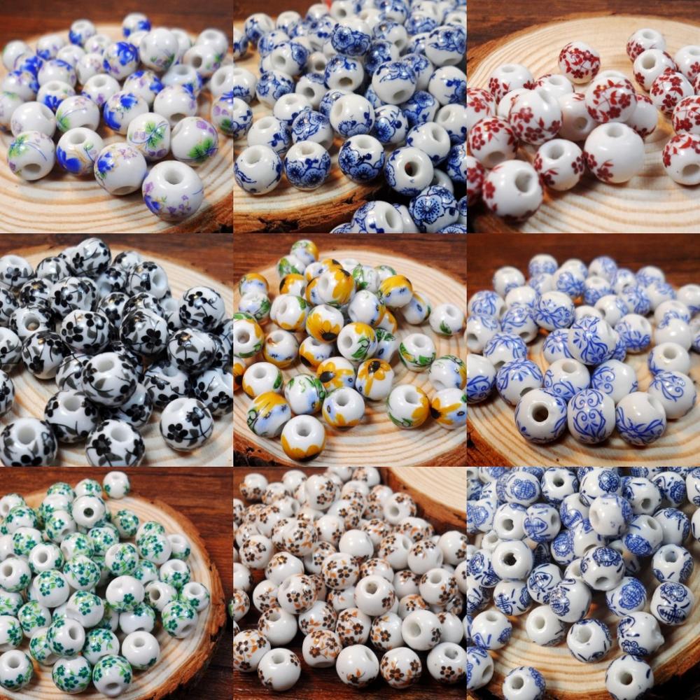 50Pcs 10mm Jingdezhen Big Hole Ceramic Beads Flower Porcelain Beads Handmade For Bracelet Making DIY Jewelry Making