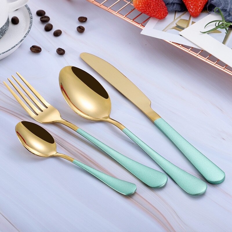 Regenboog Bestek Sets Vork Lepel Mes Set Koreaanse Keuken Servies 18/10 Rvs Zilverwerk Set Bestek Messen Sets: green gold