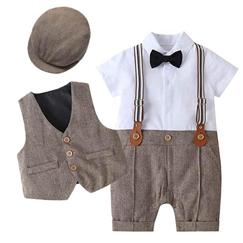 Bebê formal vestido de verão manga curta meninos cavalheiro festa vestir roupa 1st aniversário macacão + chapéu colete roupas da criança: Marrom / 90(18-24M)