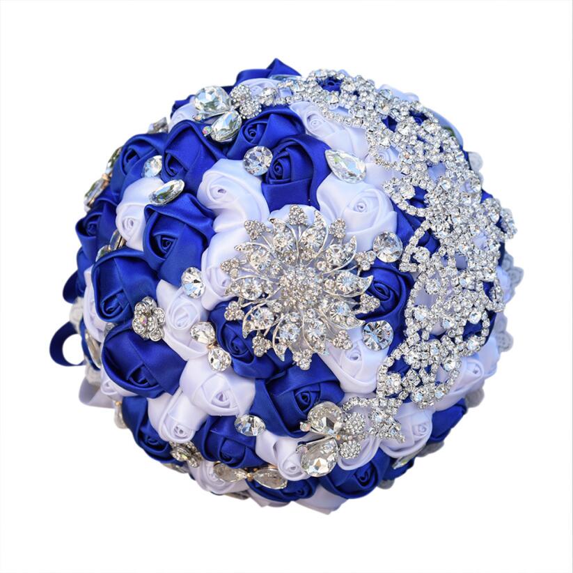 JaneVini Luxe Handgemaakte Satin Rose Bruidsboeketten Diamant Kristal Bruid Holding Bruiloft Bloemen Ramo Novia Flor Kunstmatige: Royal Blue White