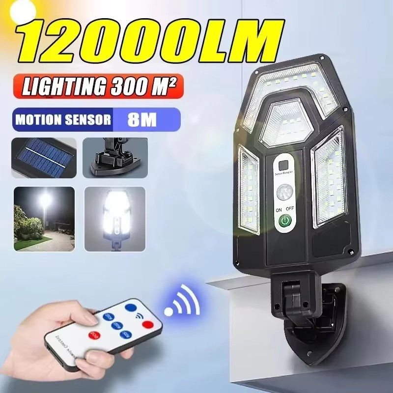 12000lm kraftige solcellevæglamper med fjernbetjening udendørs  ip65 vandtætte led-projektører med sensor havelygte gadebelysning