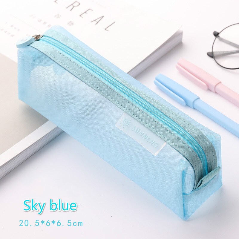 Bolsa de lápices de papelería transparente para examen de estudiante, estuche de bolígrafos de malla de nailon dedicado, bolsa de gran capacidad Unisex, suministros escolares: Sky blue