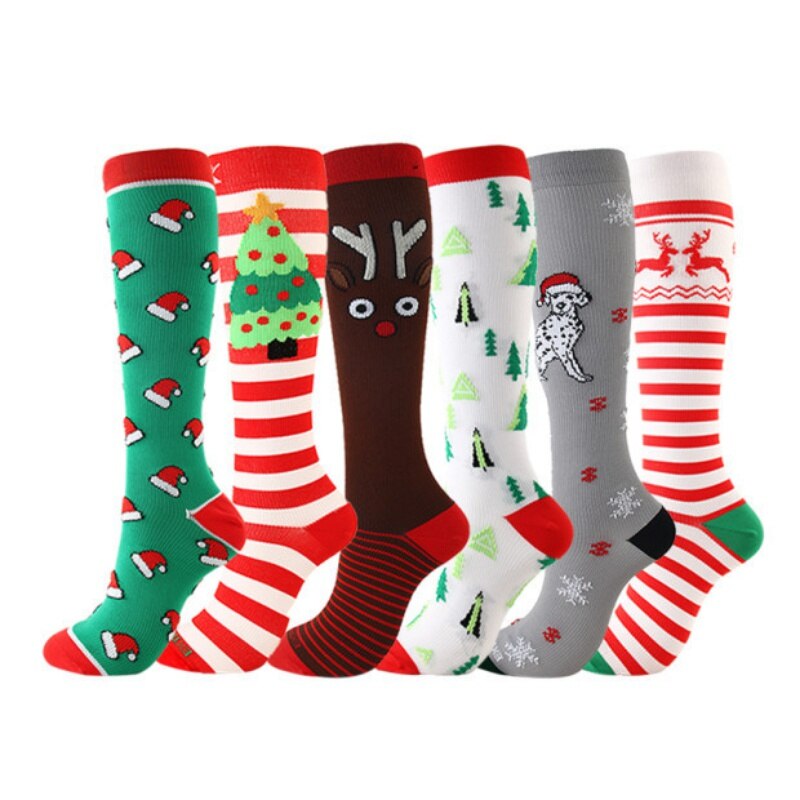 6Pcs Volwassen Compressie Kousen Compressie Kousen Kerst Kousen Hoge/Lange Kerst Cap Boom Herten Gestreepte Sokken Decor: Default Title