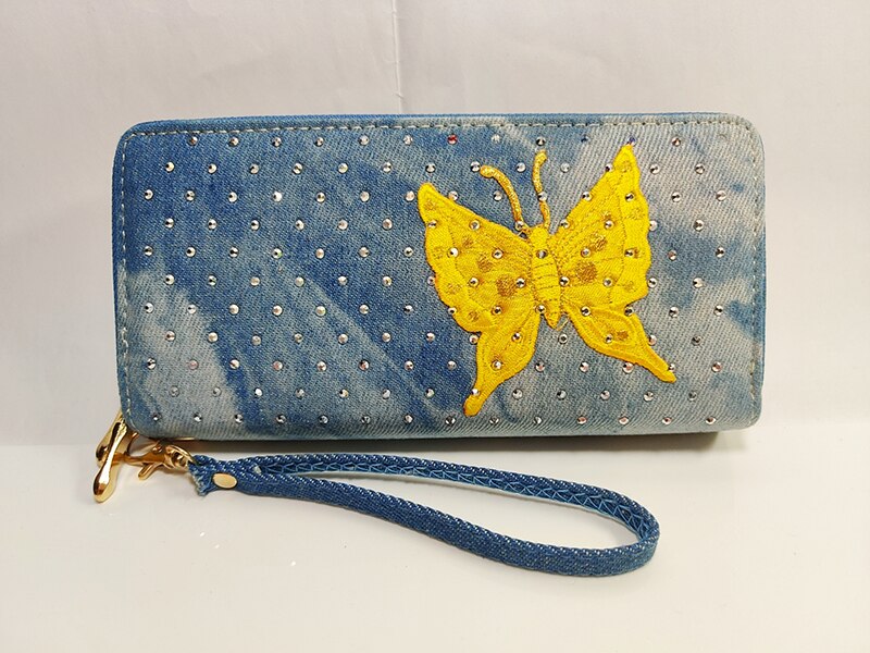 Phone Purse Women Wallets Denim Big Female Brand Retro Ladies Long Woman Wallets Card Clutch Double Zipper ladies wallet Diamond: Butterfly Wallet 1