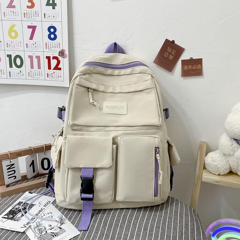 Dame ryggsekk trendy nylon vanntett anti-tyveri skolesekk for jenter skole ryggsekk med mange lommer: Beige