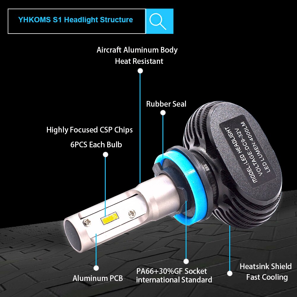 YHKOMS-luces LED sin ventilador para coche, CSP, S1, H1, H4, H7, H8, H9, H11, 9005, HB3, 9006, HB4, 50W, 8000LM, 6500K, 12V