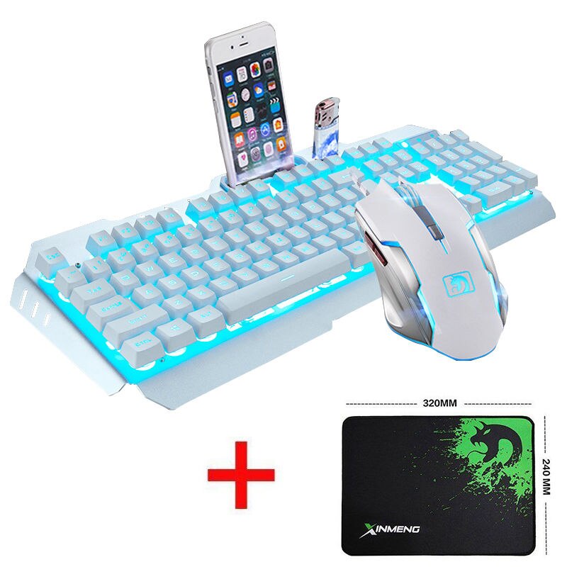 Wired LED Backlit Multimedia Ergonomic Usb Gaming Keyboard Mouse Combo illuminated 2000DPI Optical Gamer Mouse Sets + Mouse Pad: Blue Light White