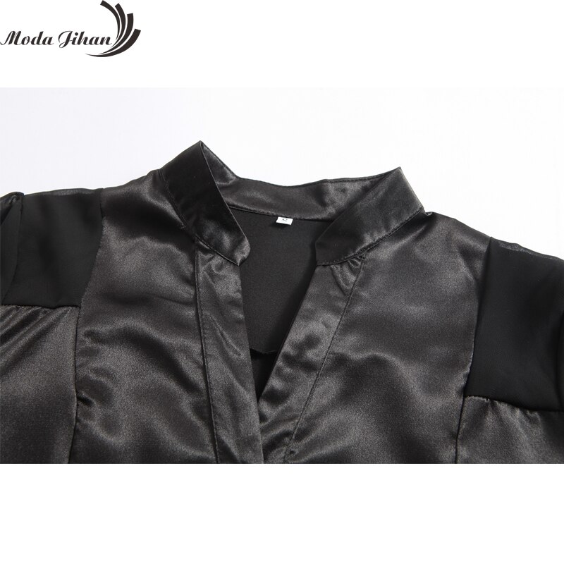 Moda Jihan Vrouwen Blouses Wit Zwart Lange mouw Chiffon Splice Satijn Office Tops Slanke Stijl V-hals Vrouwelijke