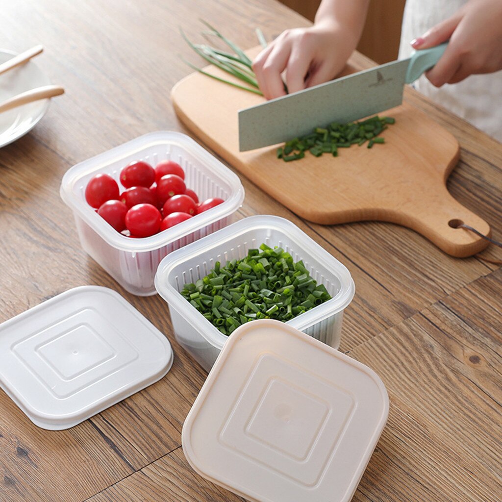 Food Storage Box Square Drain Sealed Box Ginger Garlic Onion Food Container Refrigerator Storage Homekitchen Fruit Drain Case@35