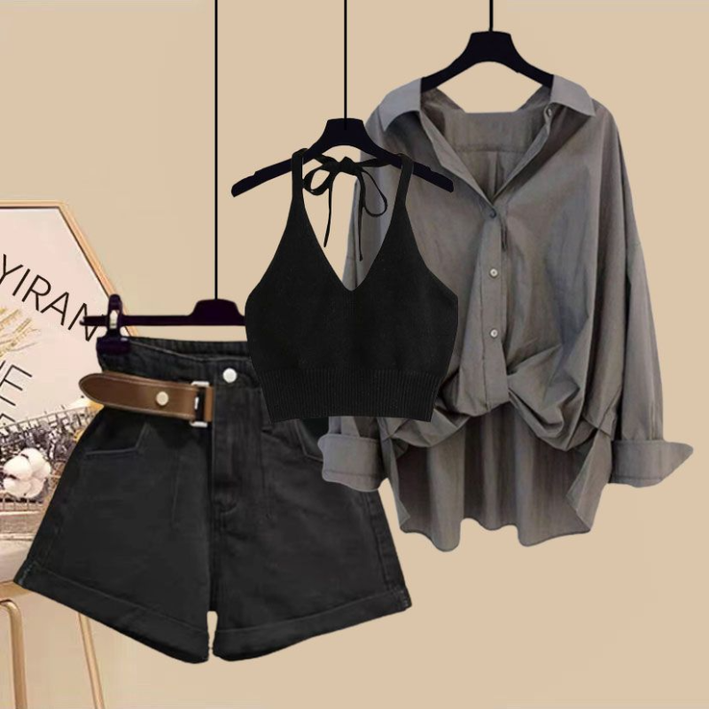 Forår/sommer sæt damesæt i western-stil, slankende, sexet tanktop, afslappet skjorte, aldersreducerende denimshorts med tre dele: Xxxl / Beige