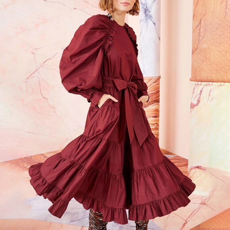 VGH Elegante Geraffte Kleid Für Frauen O Hals Laterne Hülse Hohe Taille Mit Schärpen Midi- Schwarz Kleider Weibliche Neue kleidung