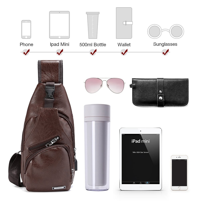 Sac de poitrine pour homme avec Port de Charge sac USB rétro bandoulière en cuir Pu Vintage sac d'affaires pochette pour Sport marron foncé