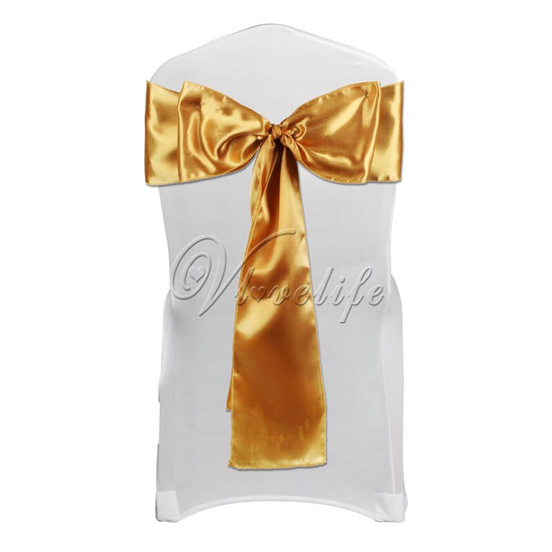 Satin stol sash sløjfe 6 "  x 108 " til banket bryllup fest banket sløjfer sommerfugl håndværk stole betræk dekoration: Guld