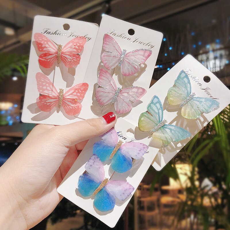 2PCS/Set Baby Fairy Shining Butterfly Hairpins Sequins Hair Clips Barrettes Colorful Clip Kids Party Wedding Cosplay Photography