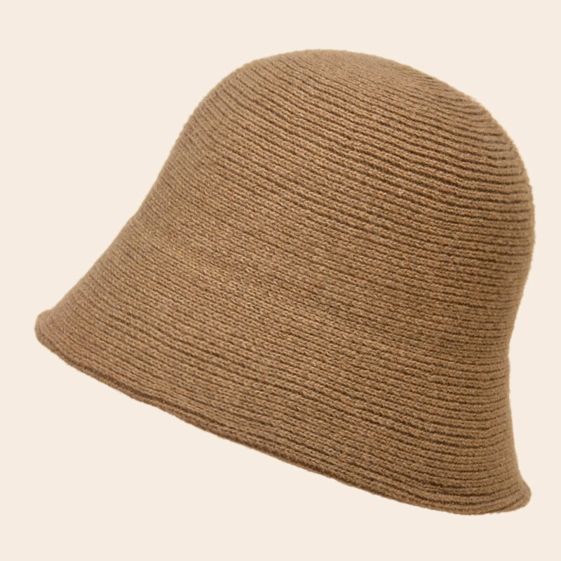 Women Wool Knitted Cylind Bucket Hat Korean Japanese Retro Autumn Winter Bell Cap Men Fisherman Hat Girl Fedora Hat: Caramel