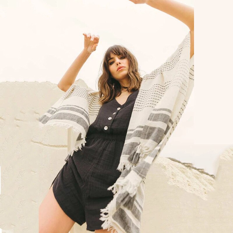 Strandkleding open steek wit gestreepte vesten met kwastjes korte shirt strandkleding vrouw siwmwears