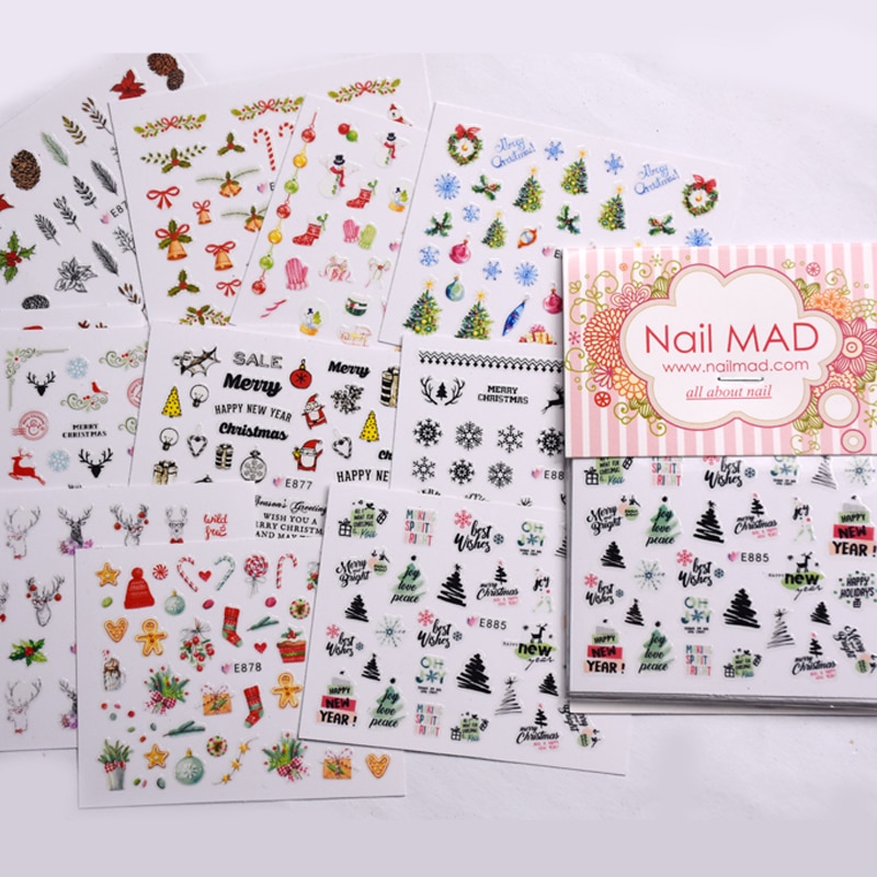 11 Vellen Kerst Thema Nail Stickers Xmas Sokken Bell 3D Nail Sticker Decals Sneeuwvlok Sneeuwpop Kerstman Nail Tattoos Decoratie