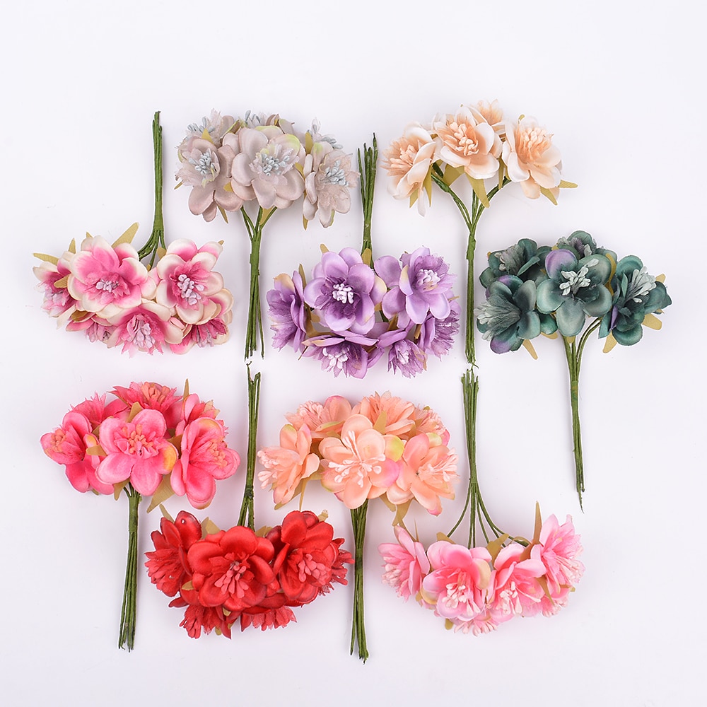 6 stks/partij kunstmatige bloem plum en kunstmatige meeldraden mini zijde bloem Voor wedding home decoratie DIY krans plakboek box