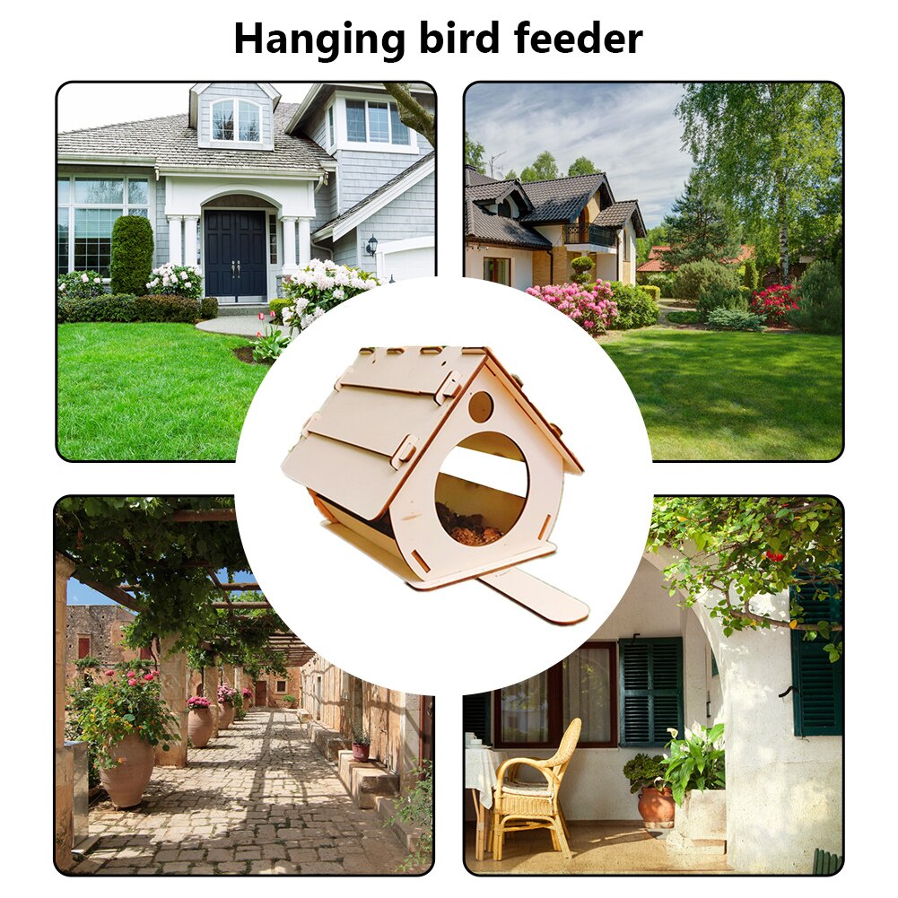 DIY Assembled Hanging Wooden Bird Feeder Garden Wooden Birdhouse Outdoor Bird Cage Feeder Pendant Bird House Food Water Feed