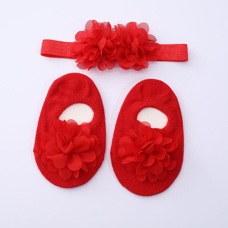 2 Stks/set Baby Meisje Sokken Hoofdband Set Kant Bloem Zoete Prinses Pasgeboren Vloer Sokken Effen Kleur Kinderen Baby Hoofddeksels Sokken: red