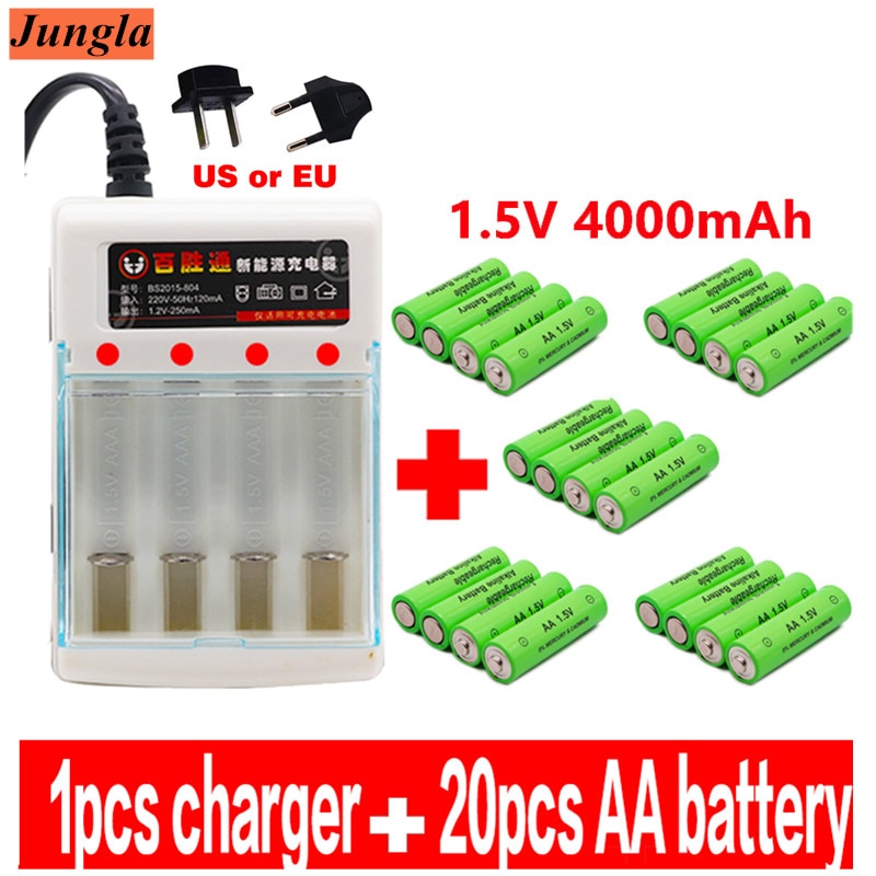 100% AA battery 4000 mAh rechargeable battery AA 1.5 V Rechargeable Alcalinas drummey +1pcs 4-cell battery charger