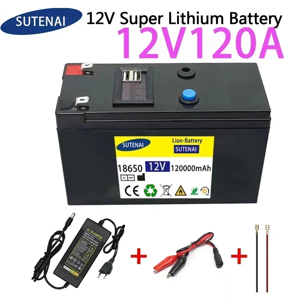 12v batterier 120ah 18650 litiumbatteripaket uppladdningsbart batteri för solenergi elfordonsbatteri +12.6 v 3a laddare