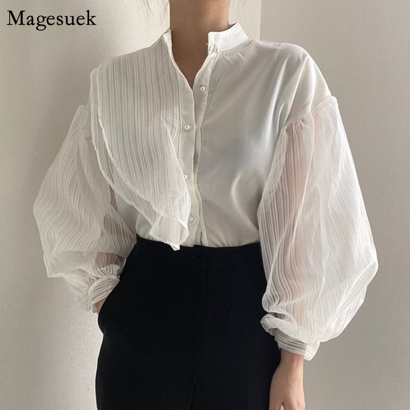 Blusas manica a sbuffo camicie bianche camicetta donna nuova primavera camicie monopetto superiore vedere attraverso camicetta allentata sexy donna 11256