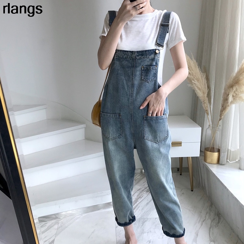 Net Red Denim Overalls Women's Spring And Summer Loose Korean Student Monster Cute Nine-Point Jeans XS-2XL: L