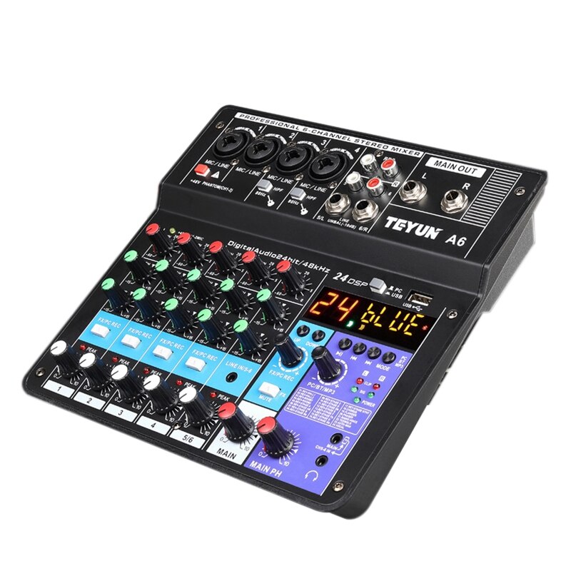 Sound Card 6-Channel Mixer Outdoor Conference Audio USB Bluetooth Reverb Audio for Microphone Live: Silver