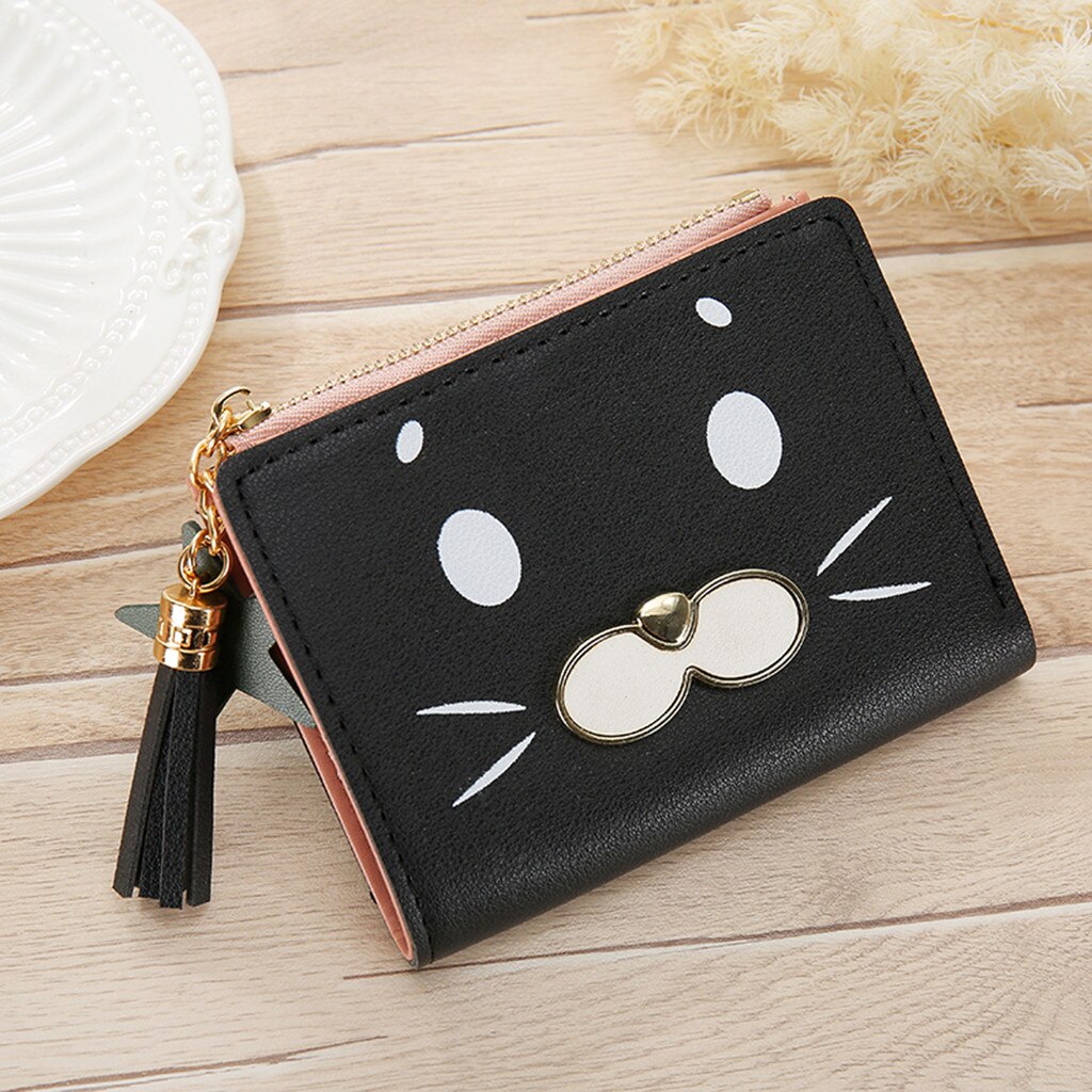 Mini Cute Cat Womens Tassle Wallets Purses Short Female Coin Purse Credit Card Holder Ladies Outdoor Travel Cluth Bag: Black