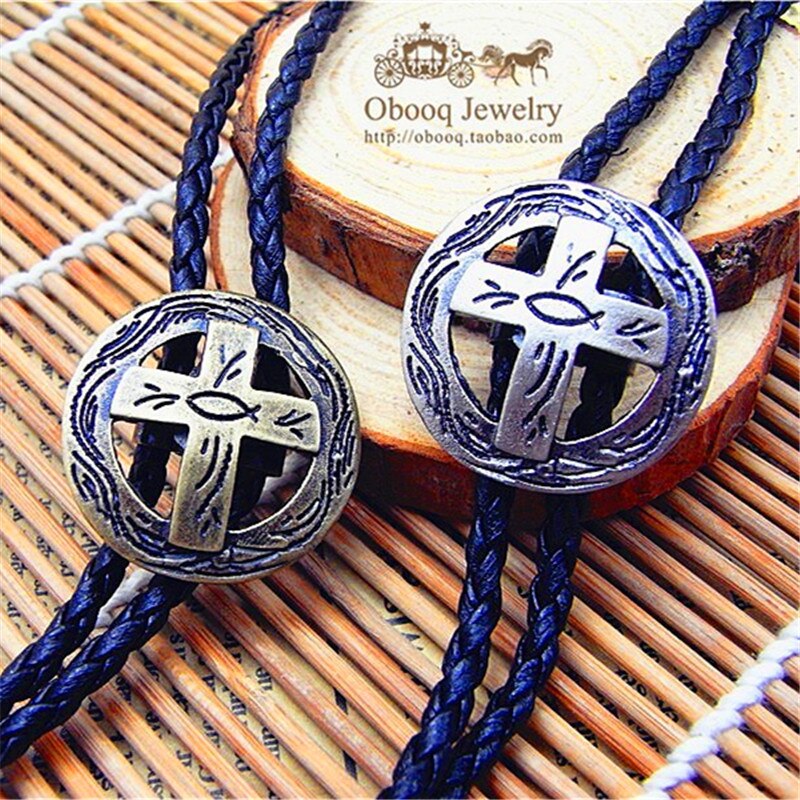 Bolo Tie Retro Overhemd Keten Poirot Led Touw Leer Cirkel Kruis Ketting Lange Tie Hang