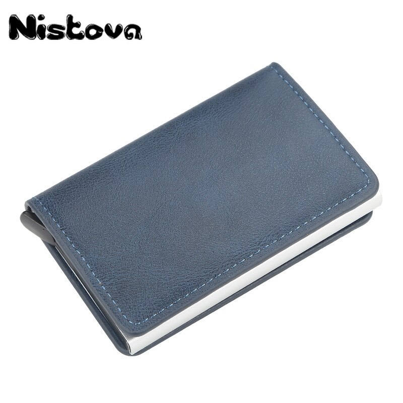 Nistova PU Leather Automatic Pop-up Business Card Card Holder RFID Vintage Aluminium Box Metal Crazy Horse Wallet Steel Wallet