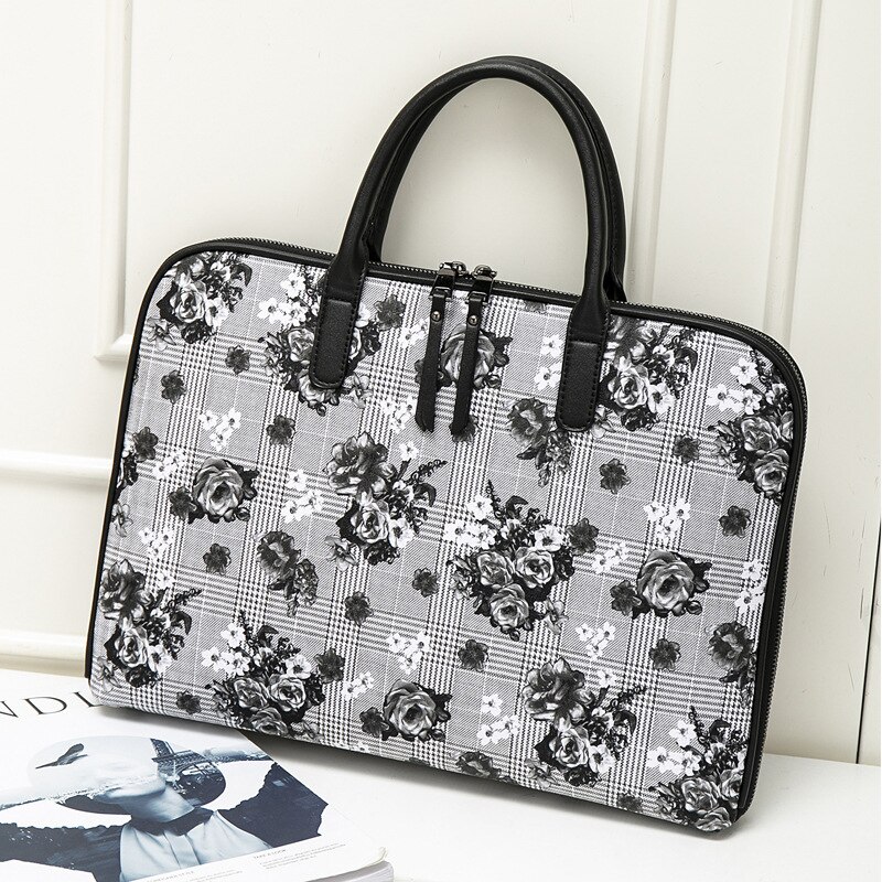 Modernos maletines de piel para ordenador portátil para mujer, bolsos de oficina para mujer, bolso de negocios de piel, bolsos de hombro para ordenador portátil: 903-19-BlackFlower
