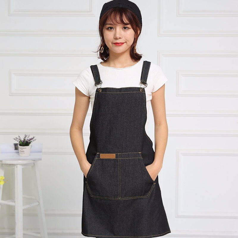 Delantal para Chef de cocina para hombre y mujer, vestido con boina, gorro de Chef, camarero, accesorio de cocina: Black Denim