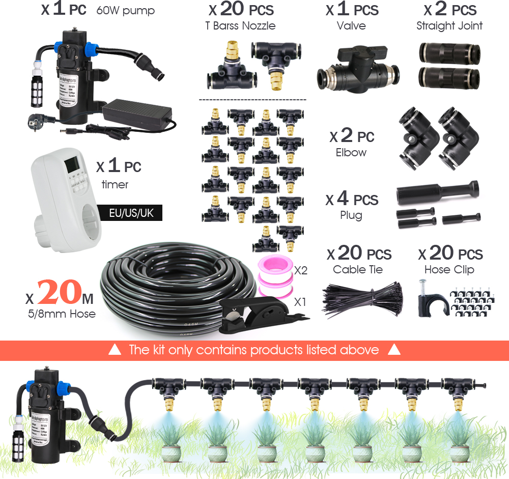 Garden DIY 8mm PE Hose Brass Nozzle Sprayer System Mist Sprinkler 45/60/80/100W Self-Priming Pump Automatic Atomized Irrigation