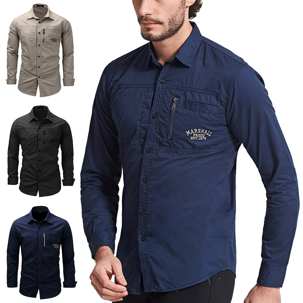 Lente Herfst Mannen Shirt Lange Mouw Effen Kleur Revers Rits Shirt Outdoor Casual Shirt Grote Maat ALS88