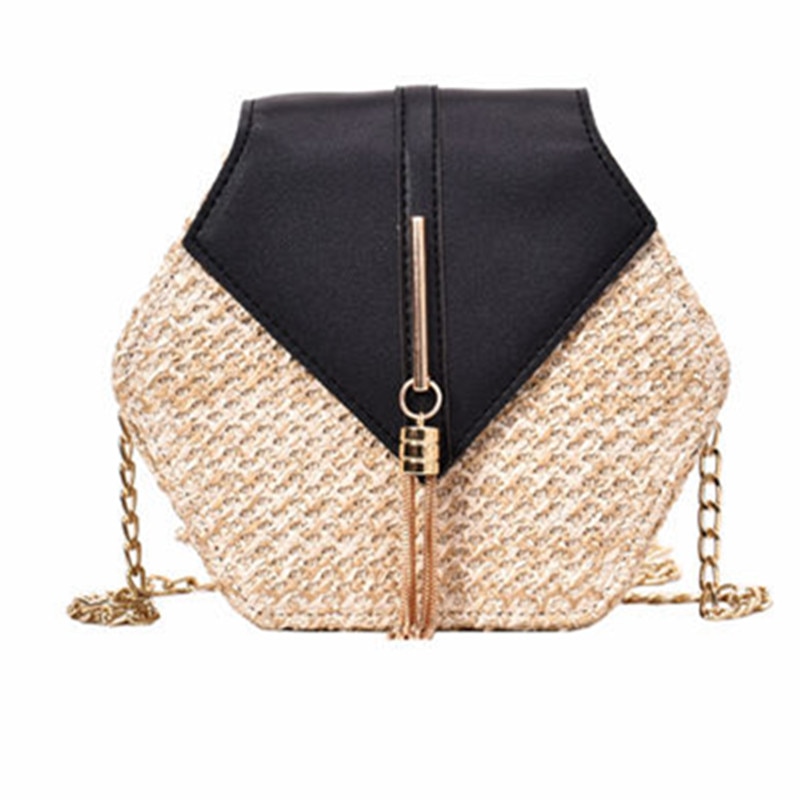 Hexagon Mulit Style Straw+leather Handbag Women Summer Rattan Bag Handmade Woven Beach Circle Bohemia Shoulder Bag: Black