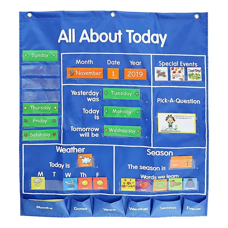 Kids All About Today Pocket Chart Daily Classroom Calendar Board Hanging Bag Child Educational Learning Pocket Chart