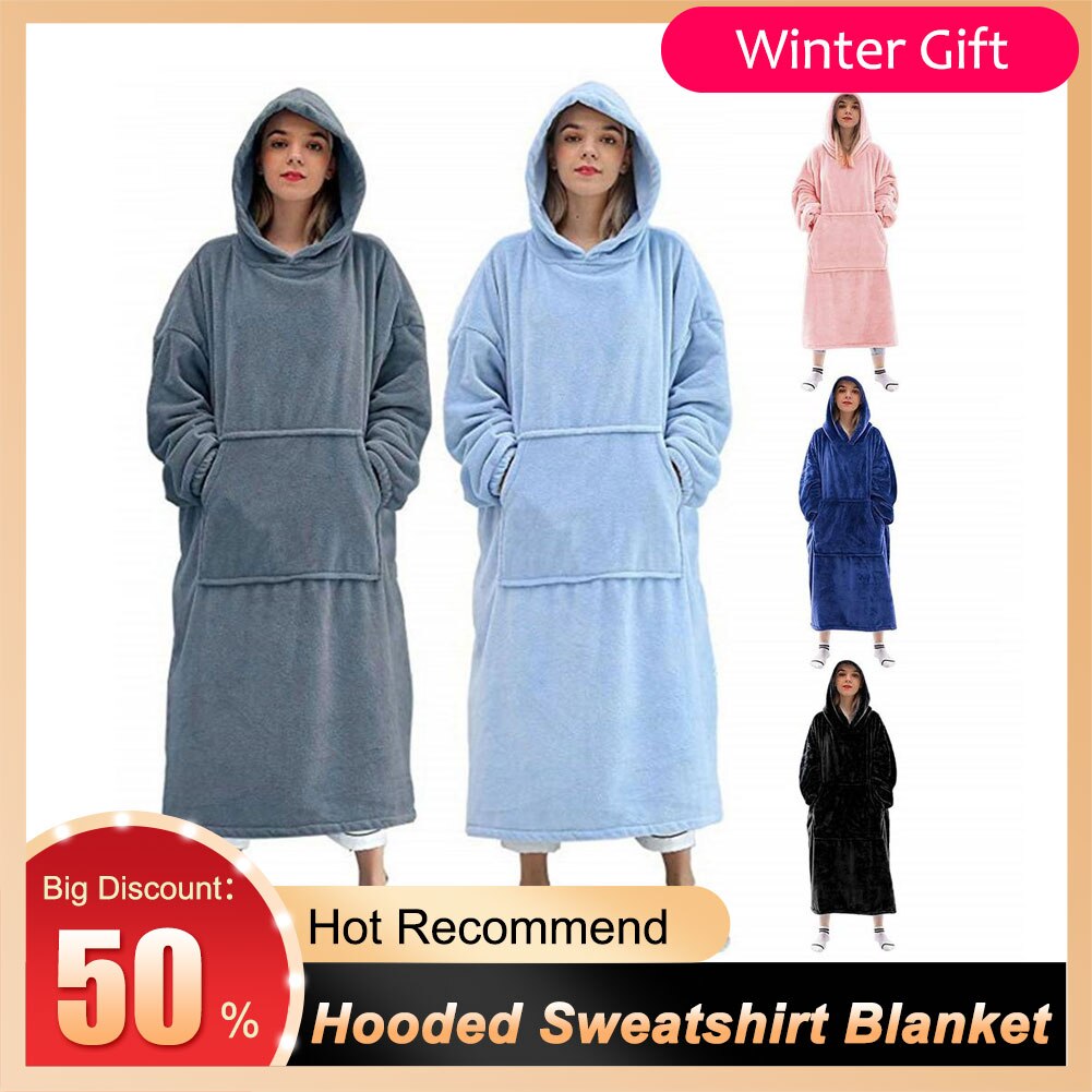 Flannel thickened warmth can wear blanket big hoodie household kangaroo pocket long sweatshirt
