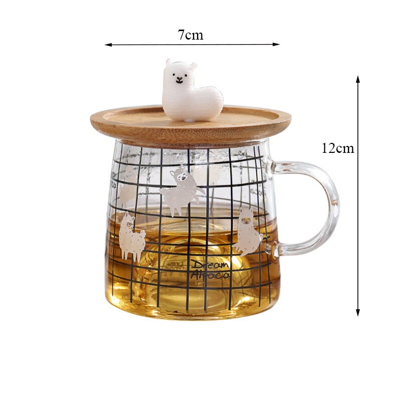 Nordic cute 3d alpaca glass mug with bamboo lock heat resistant transparent office milk coffee tea breakfast cup drinkware
