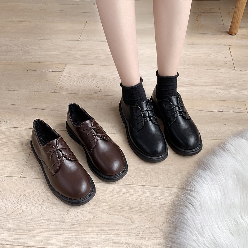 Zapatos Oxford para mujer, calzado de cuero negro liso con cordones, suela gruesa, informales, planos, talla grande, novedad, Otoño e Invierno