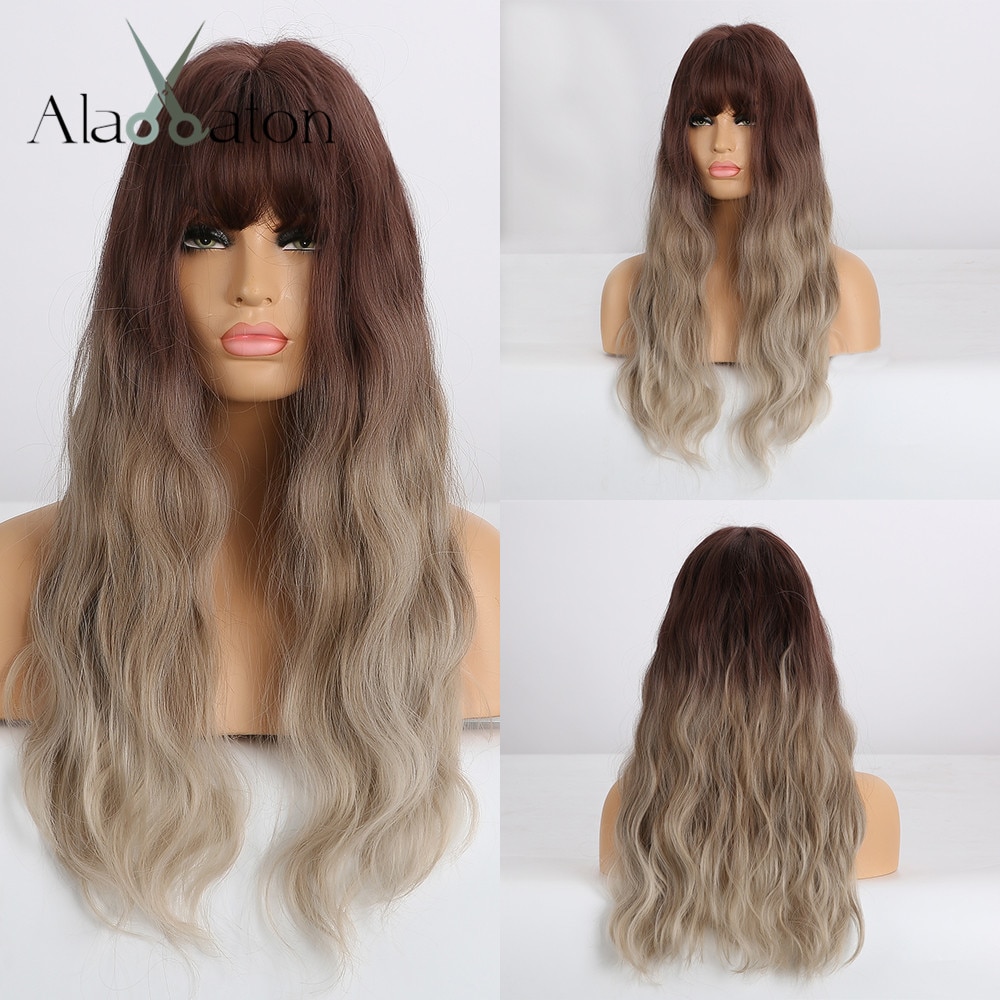 Pelucas de ondas naturales ALAN EATON con flequillo negro Beige gris pelucas largo sintético para mujeres pelo de fibra resistente al calor