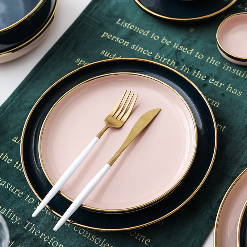 Ensemble de dîner en céramique de luxe couleur bleu foncé ou rose: assiette de dîner + assiette d'accent + bols + cuillère adge en or