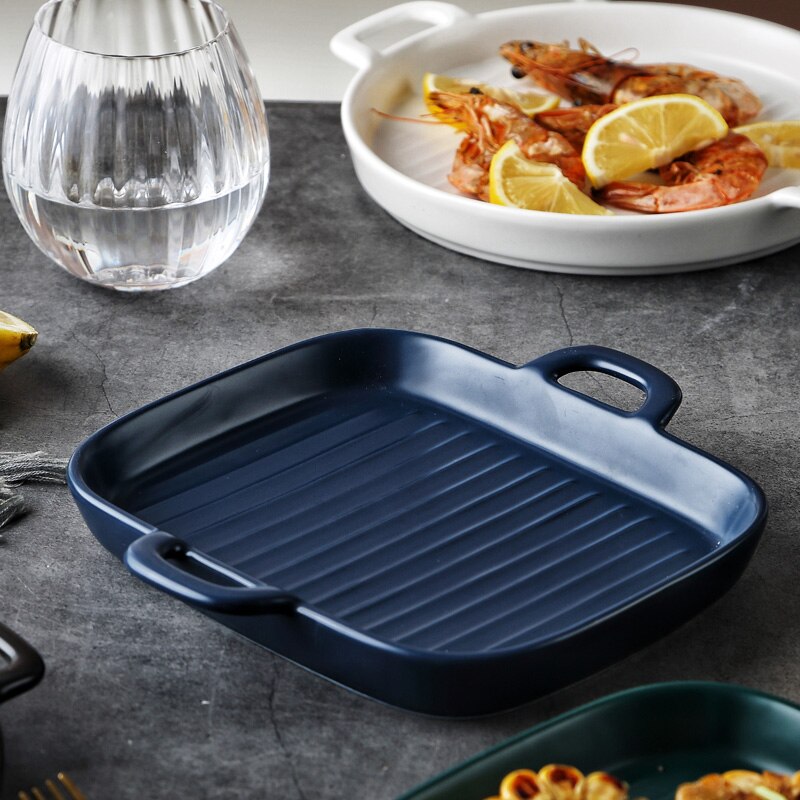 MUZITY Ceramic Baking Plate Round Porcelain Dinner Dish Special Snack or Bread Plate with Handle Bakeware