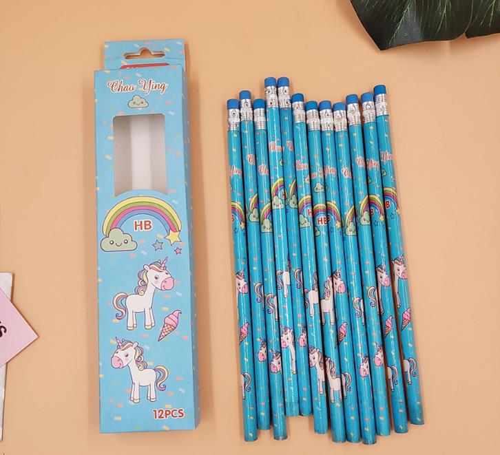 12 Pcs/pack Cartoon Rainbow Unicorn HB Wooden Pencils Sketch Drawing Wood Standard Pencil Stationery Student School Office