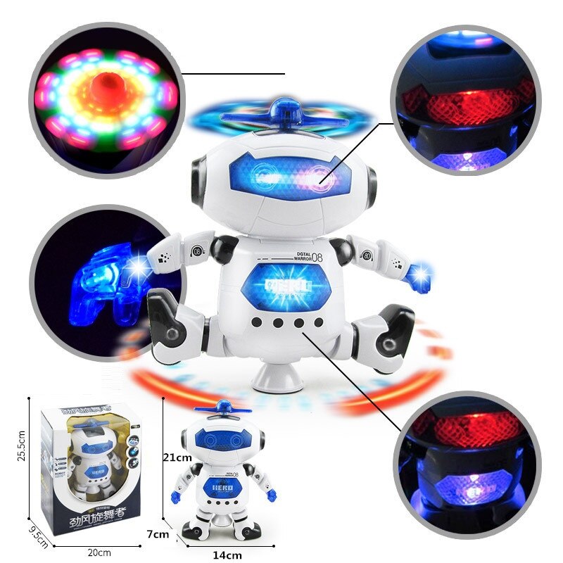 Robot leketøy 360 ° rotasjon smart robot barn interaktive leker med musikk led lys gutt jente