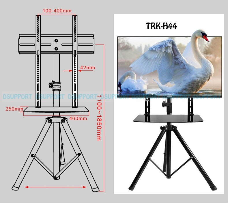 360 degree Swivel 32~55 inch TV Mount Tripod Stand with DVD Holder VESA 100~500mm Loading 50kgs Height Adjustable TV Floor Stand