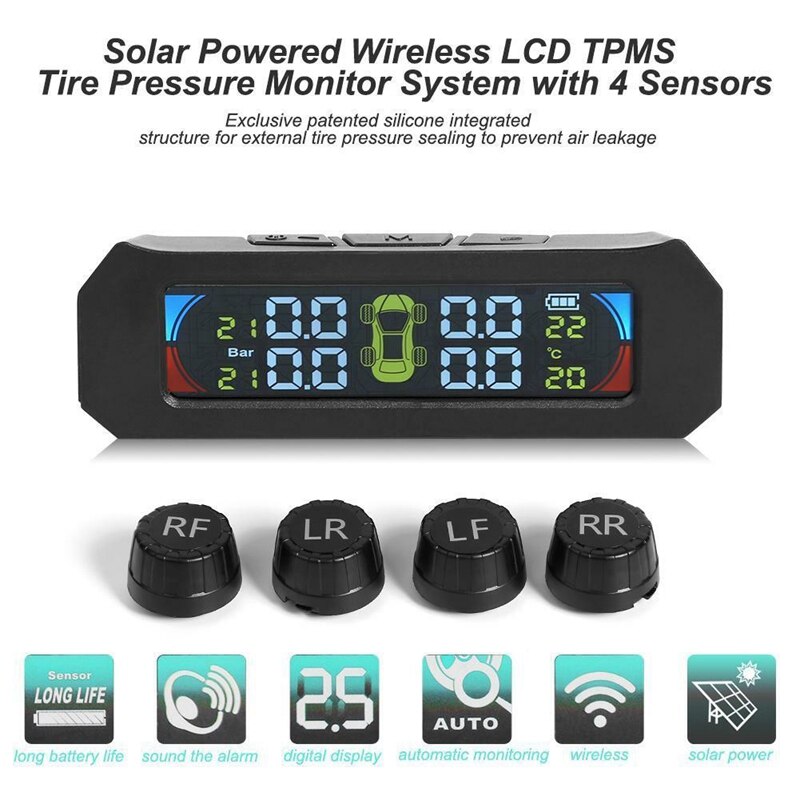 Sol trådlösa tpms bildäck temperaturövervakningssystem lcd färg sn med 4 externa sensorer